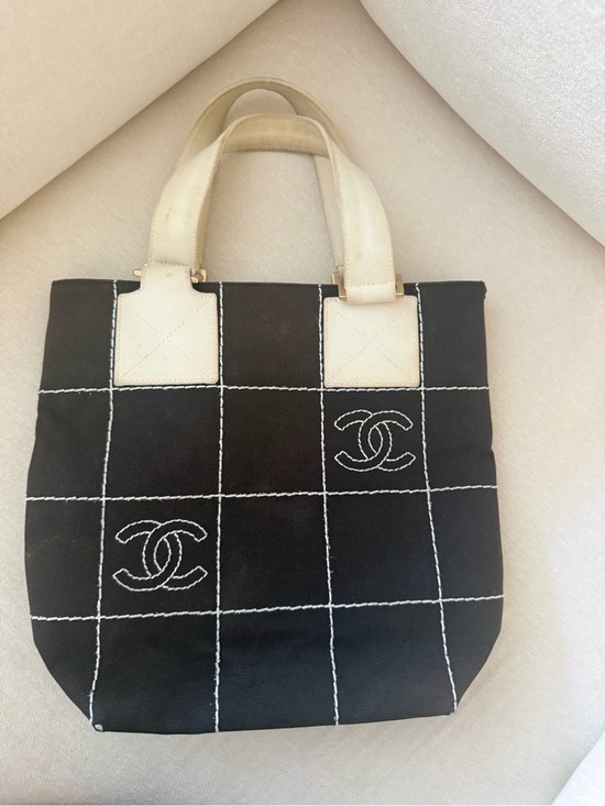 CHANEL Handbags - CHANEL Black Tote with Cream Handles and Grid Stitch